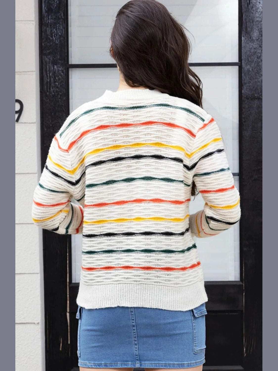 Striped Round Neck Long Sleeve Sweater Trendsi