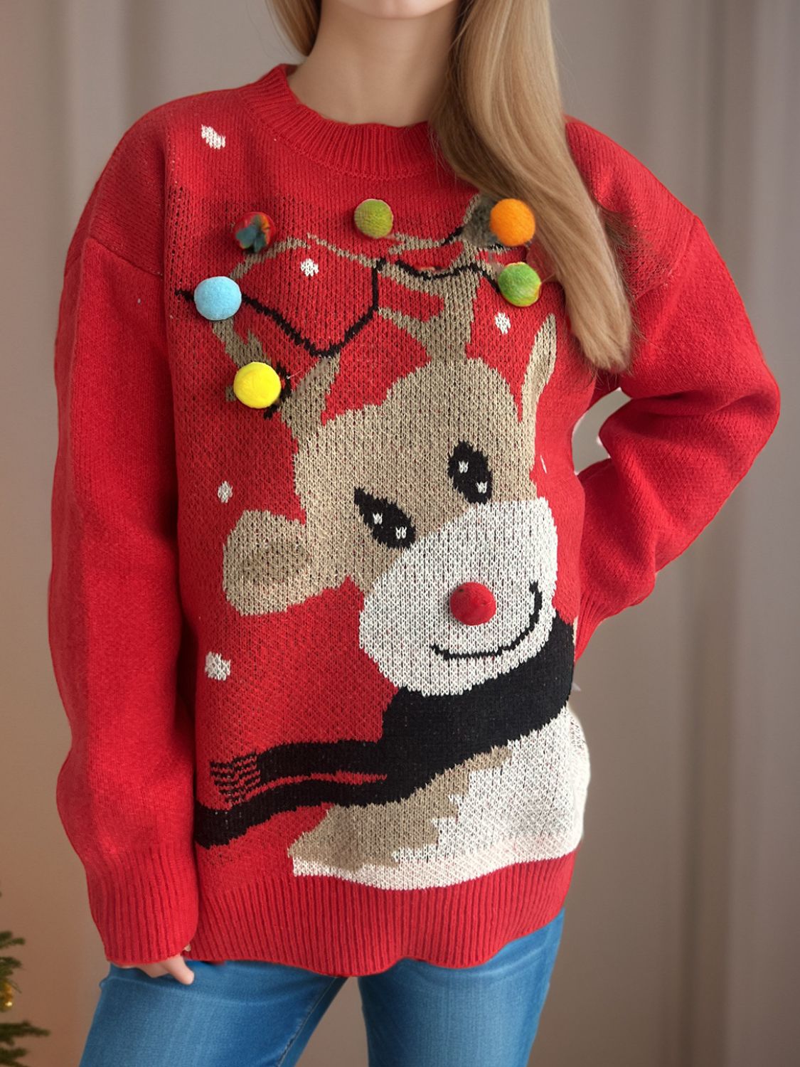 Reindeer Round Neck Long Sleeve Sweater NicholesGifts