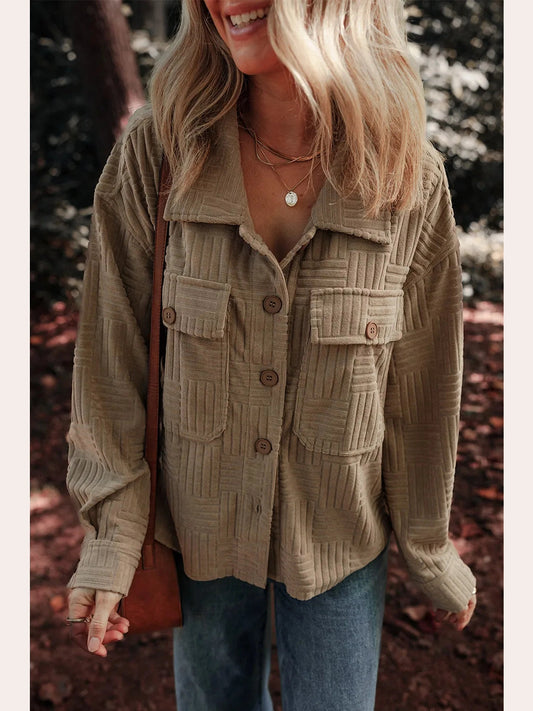 Textured Pocketed Collared Neck Long Sleeve Shacket Trendsi