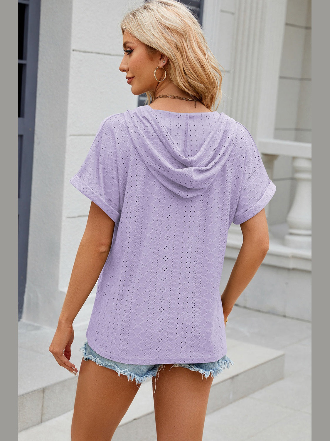 Women Eyelet Drawstring Hooded Short Sleeve Blouse