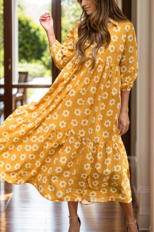 Floral Collared Neck Three-Quarter Sleeve Dress Trendsi