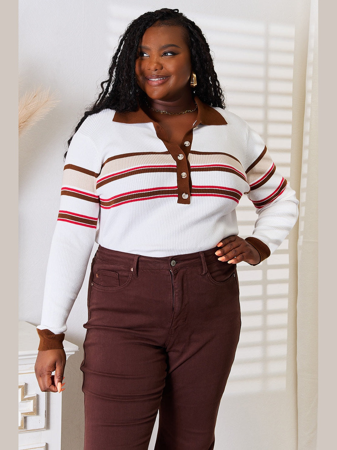 Basic Bae Striped Collared Neck Rib-Knit Top Trendsi