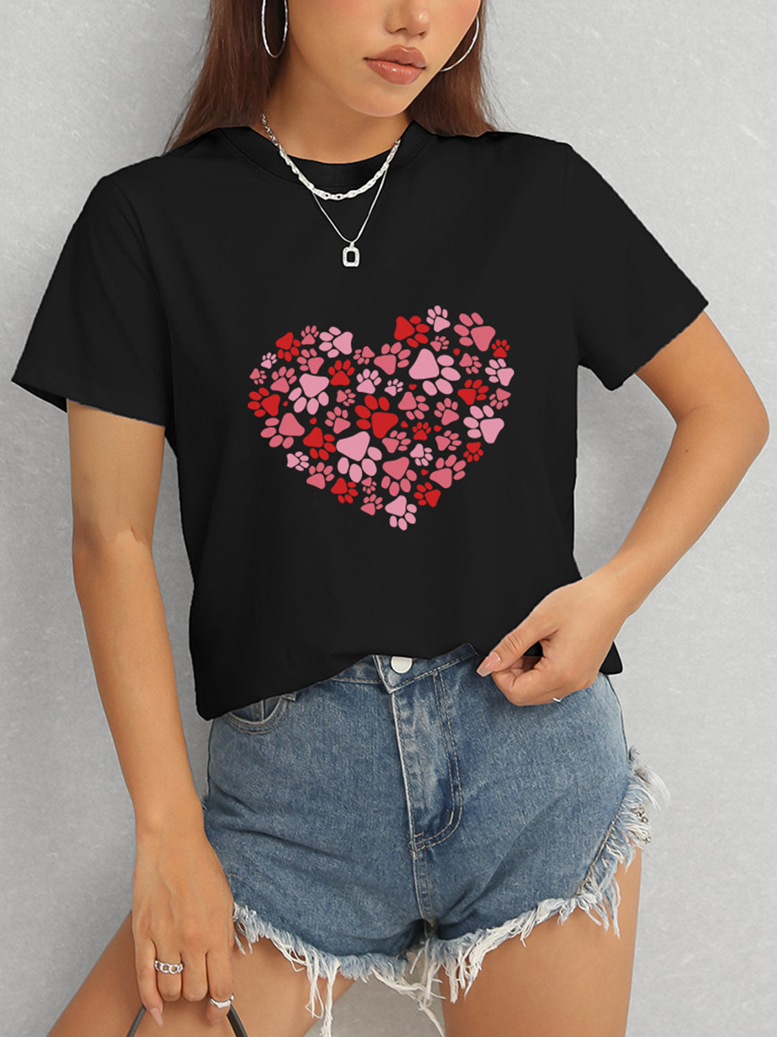 Women Heart Round Neck Short Sleeve T-Shirt