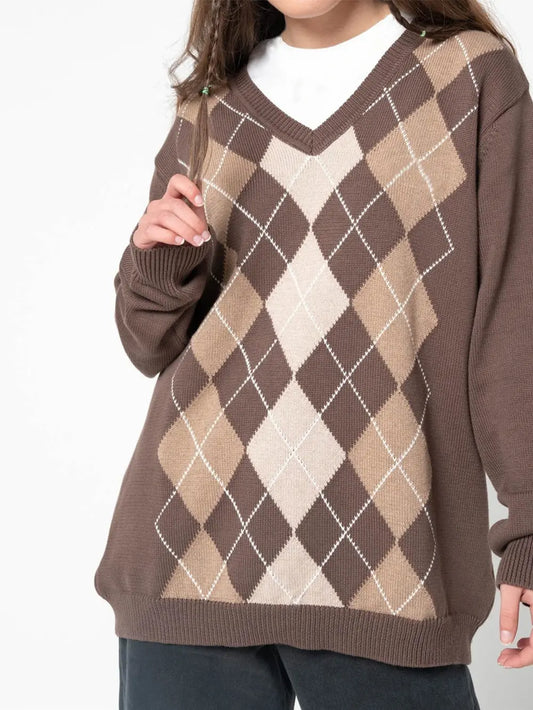 Geometric V-Neck Long Sleeve Sweater Trendsi
