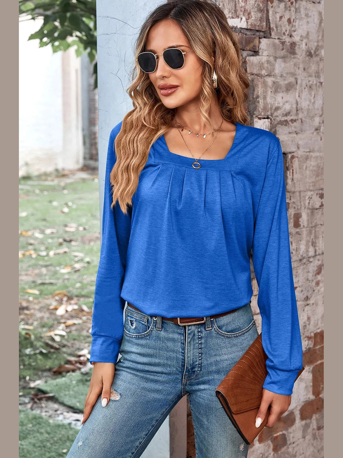 Ruched Square Neck Long Sleeve T-Shirt NicholesGifts
