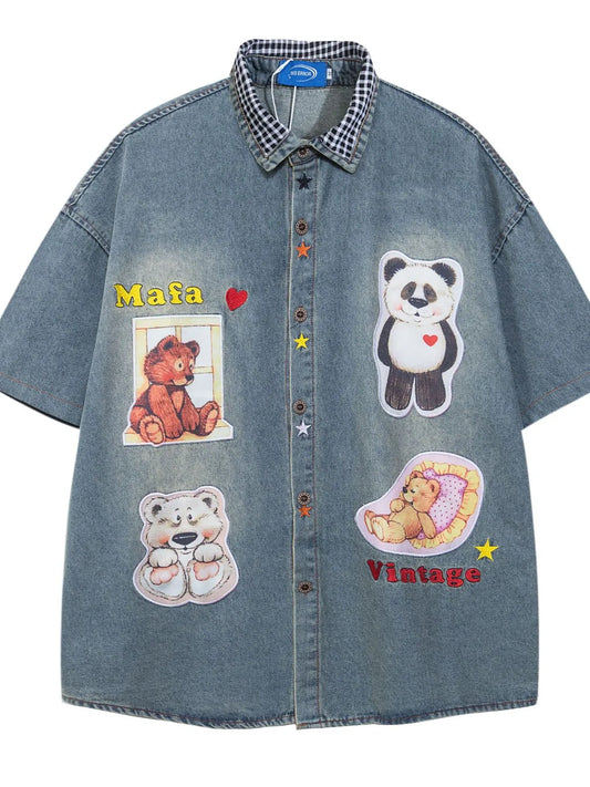 Men's Vintage Bear Patchwork Oversized Denim Shirt NicholesGifts
