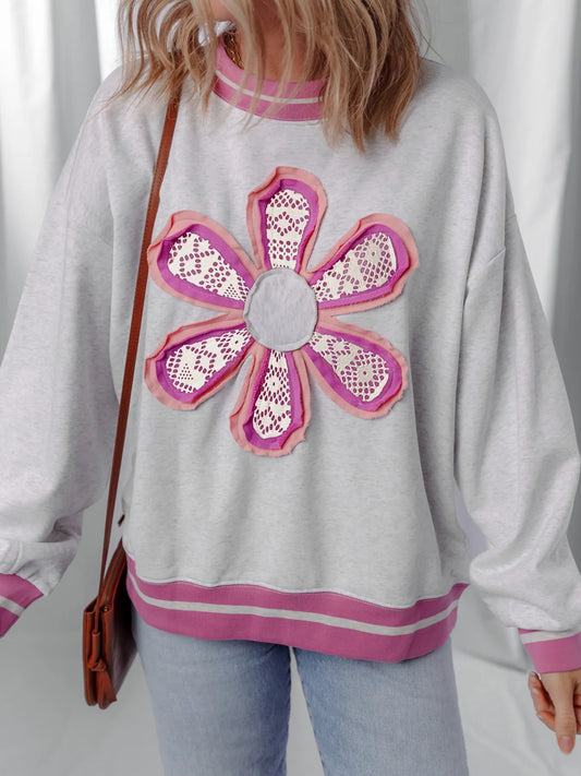 Flower Patch Contrast Trim Crew Neck Sweatshirt