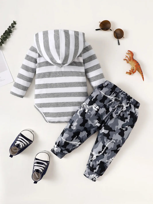 Children's Striped Hooded Bodysuit and Camouflage Pants Set Trendsi