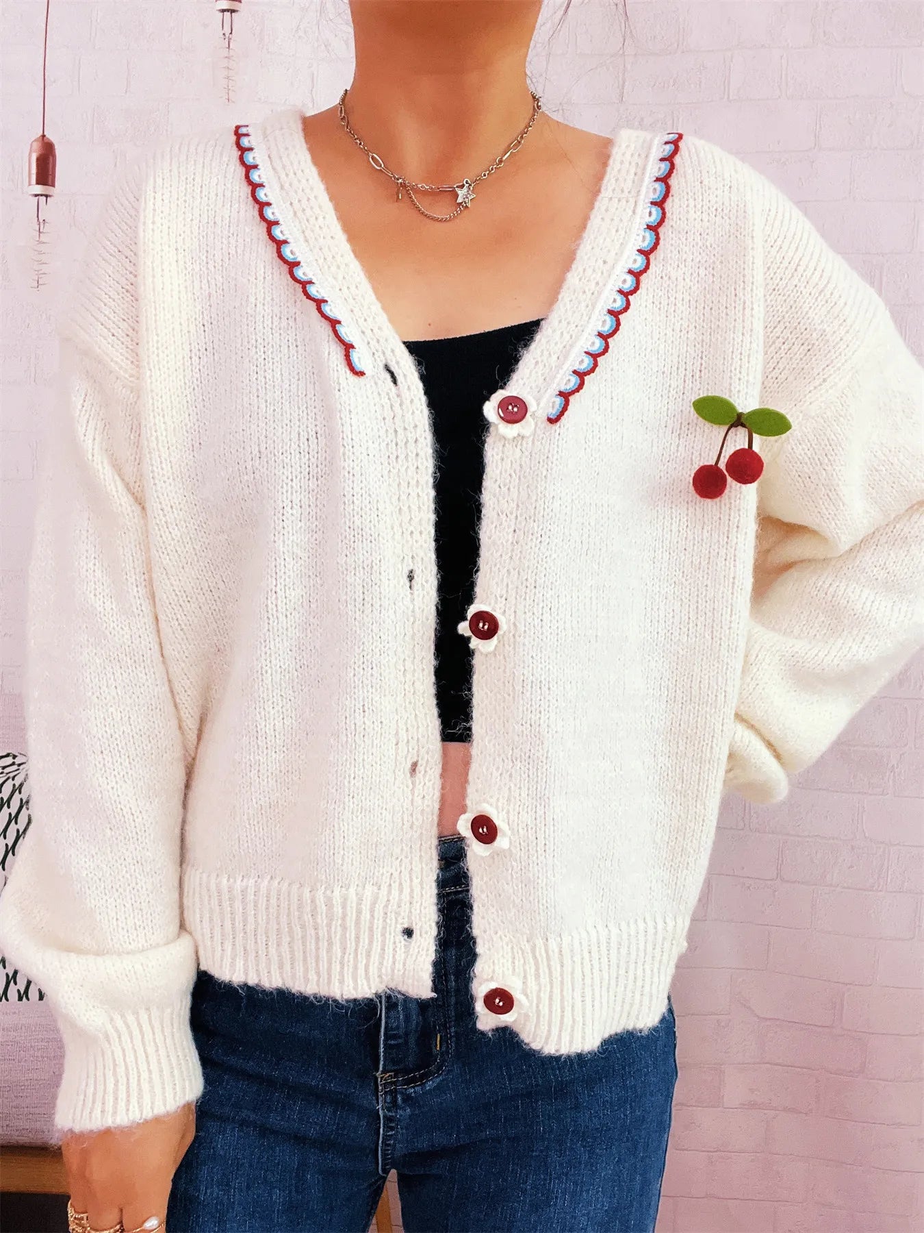 Cherry Button-Front Long Sleeve Cardigan