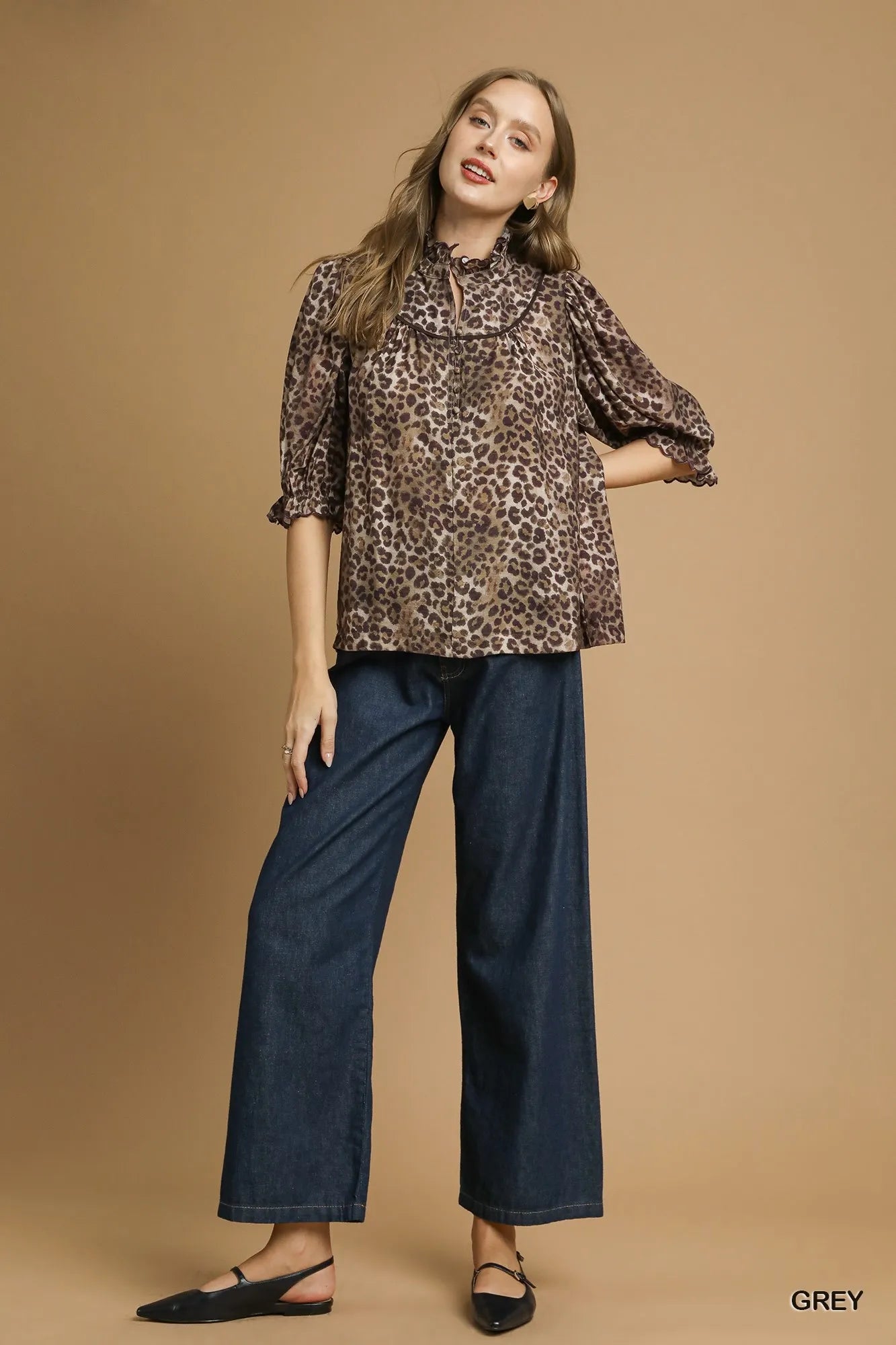 Women Umgee Leopard Print Ruffle Neck Short Sleeve Blouse