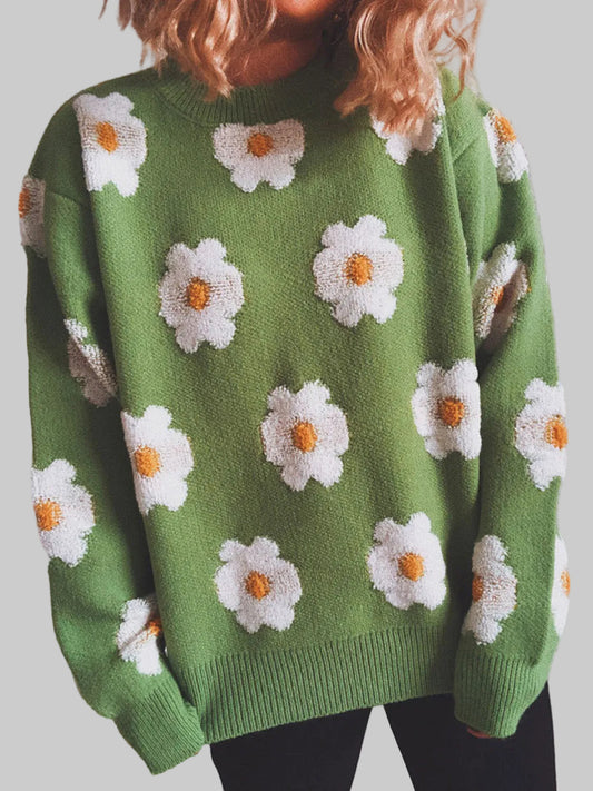 Women Flower Round Neck Long Sleeve Sweater nicholesgifts