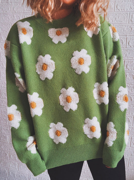 Flower Round Neck Long Sleeve Sweater Trendsi