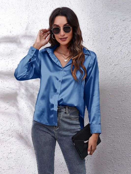 Button Up Collared Neck Long Sleeve Shirt NicholesGifts