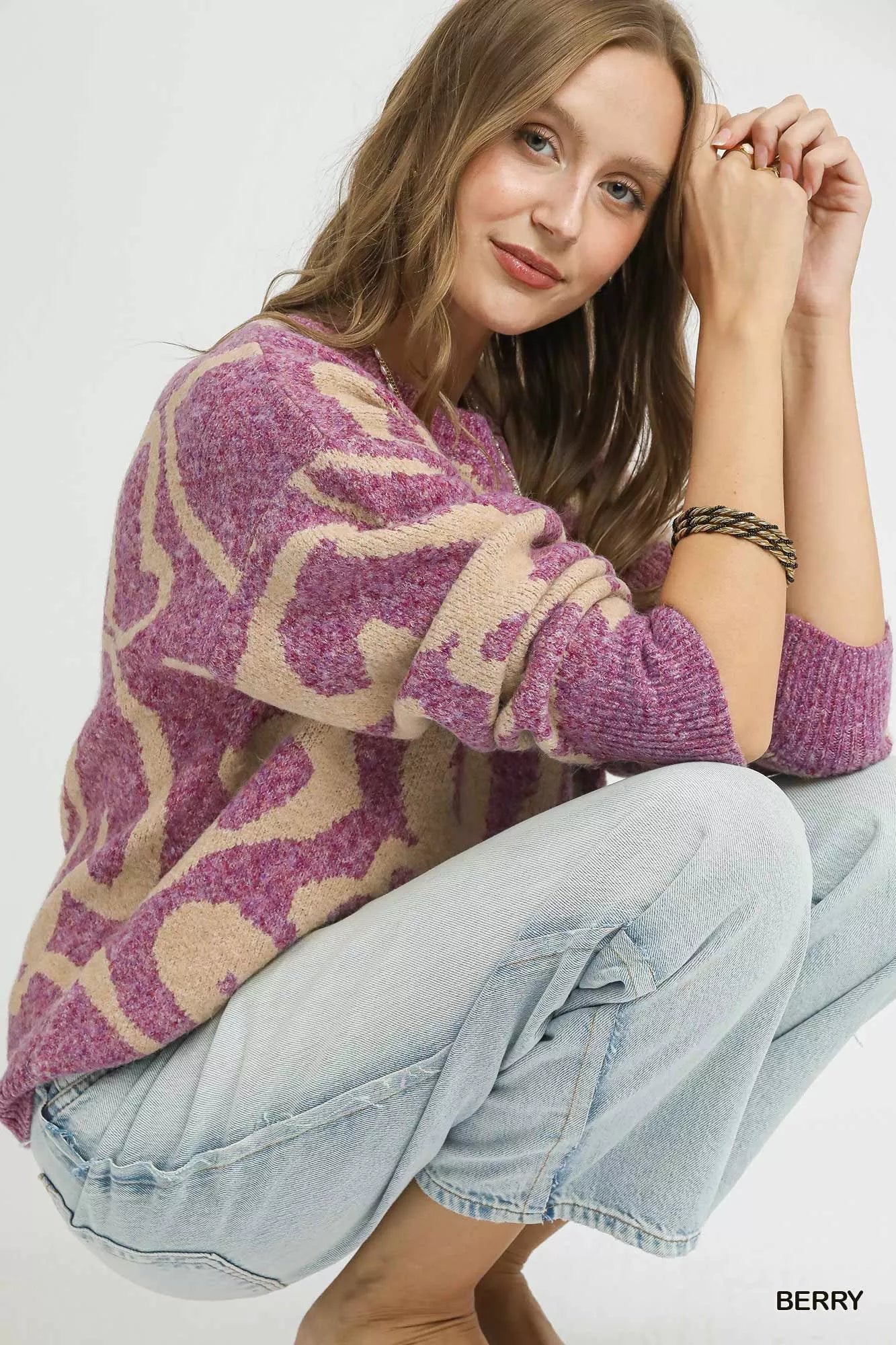 Umgee Ribbed Hem Contrast Dropped Shoulder Sweater