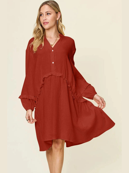 Double Take Full Size Texture Half Button Ruffle Trim Dress NicholesGifts