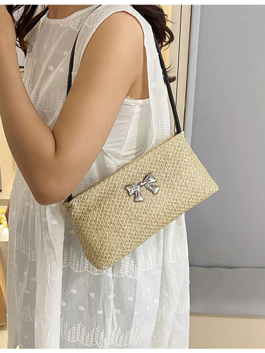 Woven Straw Shoulder Bag with Bow Detail Trendsi