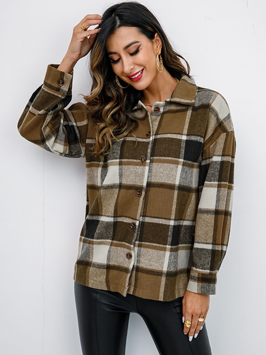 Shiny Plaid Button Up Collared Neck Jacket NicholesGifts