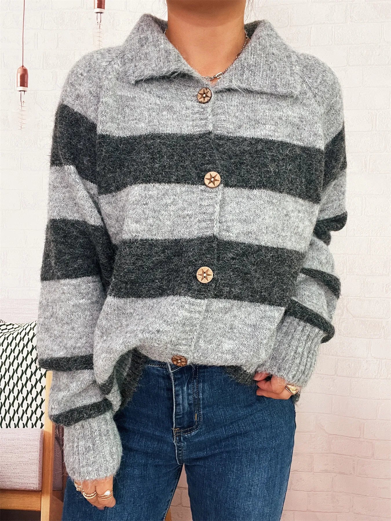 Striped Button-Up Cozy Cardigan