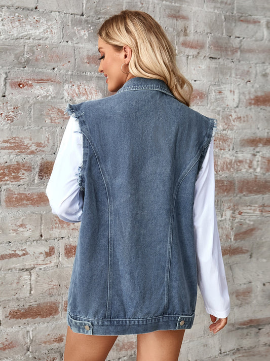 Raw Hem Sleeveless Button Up Denim Jacket nicholesgifts