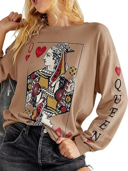 Queen of Hearts Playing Card Graphic Round Neck Sweatshirt NicholesGifts