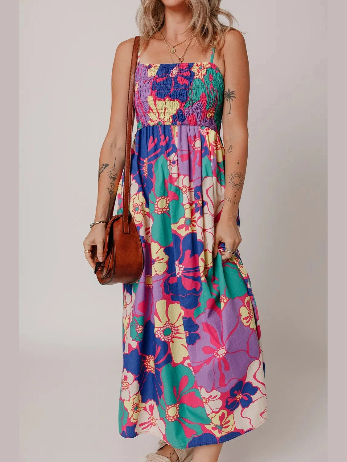 Floral Print Shirred Spaghetti Strap Loose Maxi Dress NicholesGifts