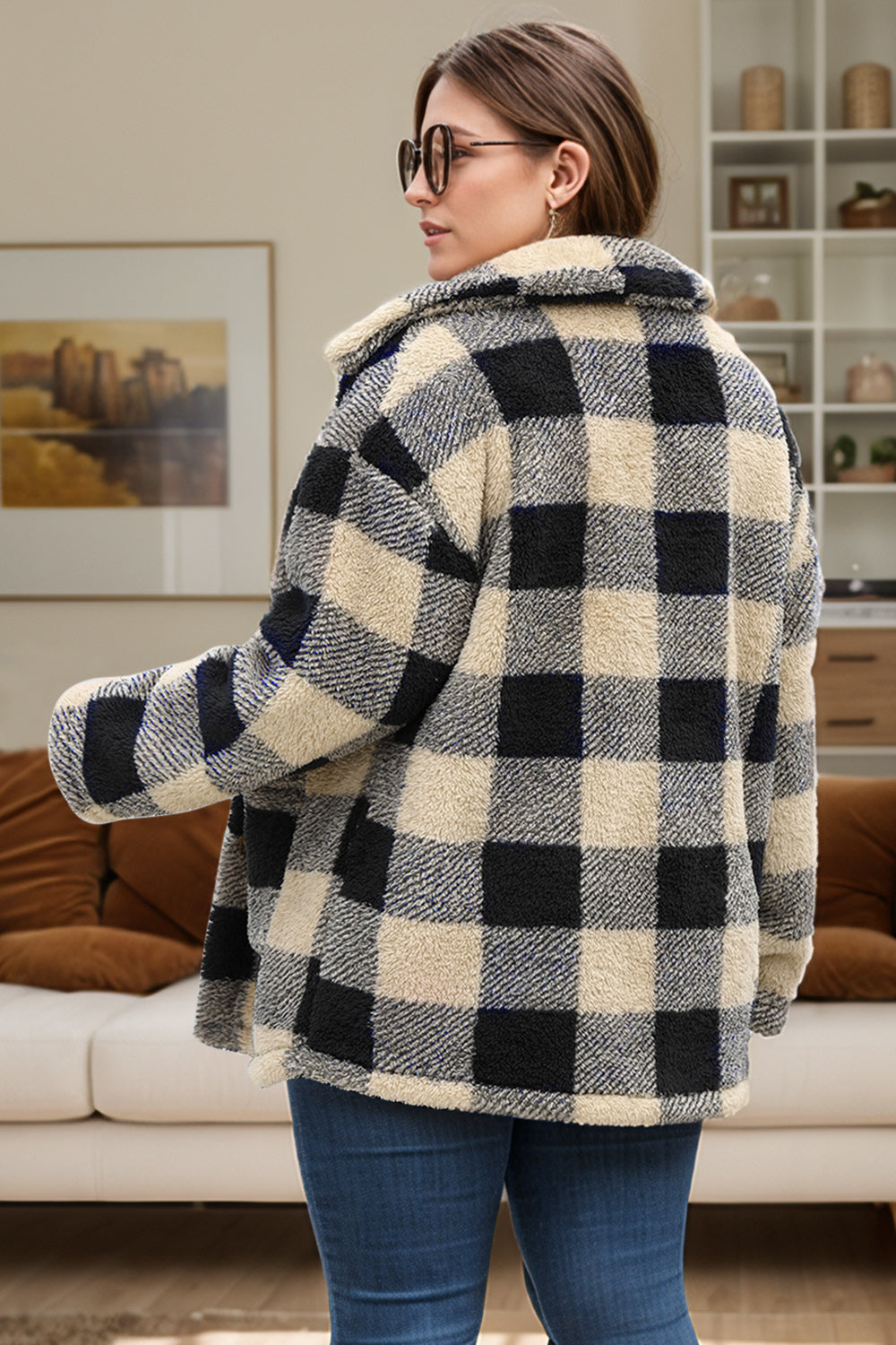 NicholesGifts Women Plus Size Women Plaid Button Up Long Sleeve Coat NicholesGifts