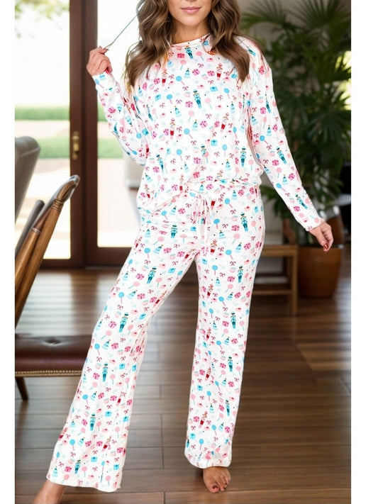 Printed Round Neck Long Sleeve Top and Pants Lounge Set