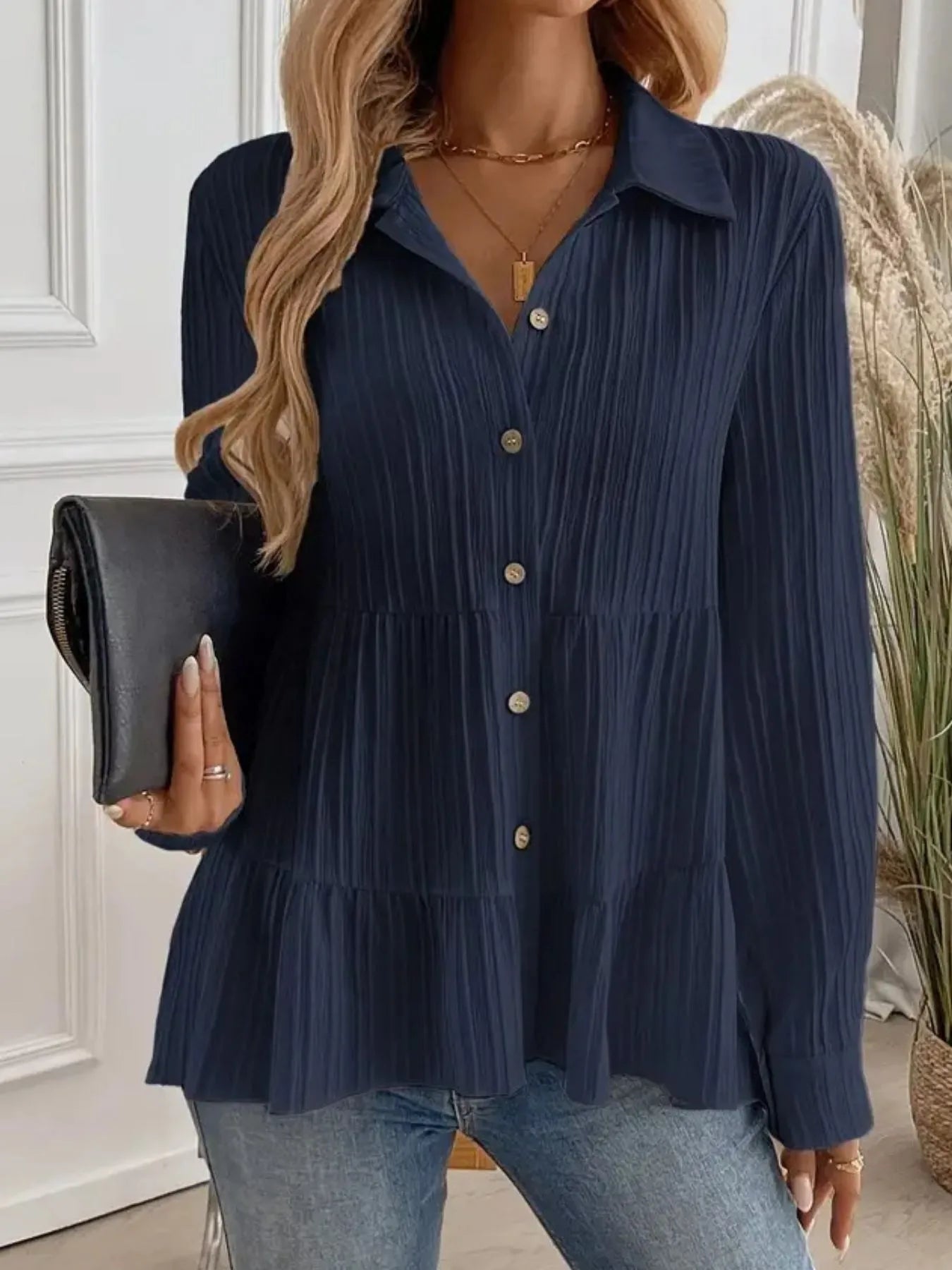 Women Striped Button-Down Tiered Shirt