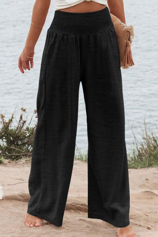 Women Plus Size Smocked High Waist Wide Leg Black Pants