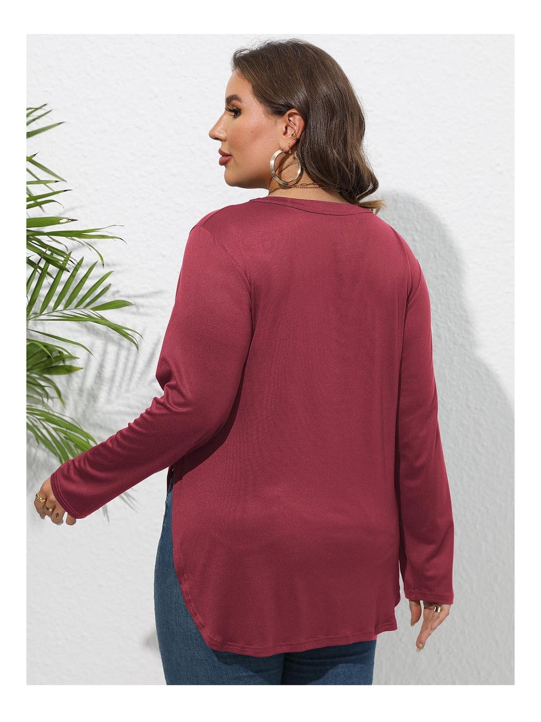 Women Plus Size Round Neck Long Sleeve Slit T-Shirt NicholesGifts