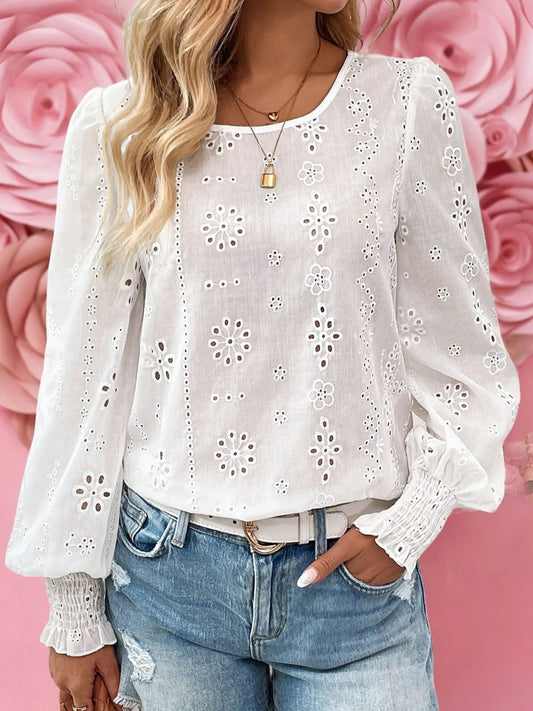 Eyelet Long Sleeve Blouse with Elastic Cuffs NicholesGifts