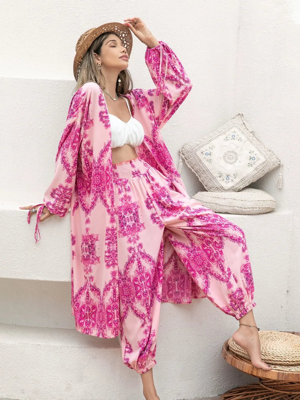 Printed Open Front Top and Pants Set nicholesgifts