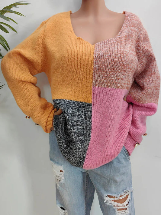 Color Block Decorative Button Long Sleeve Sweater Trendsi