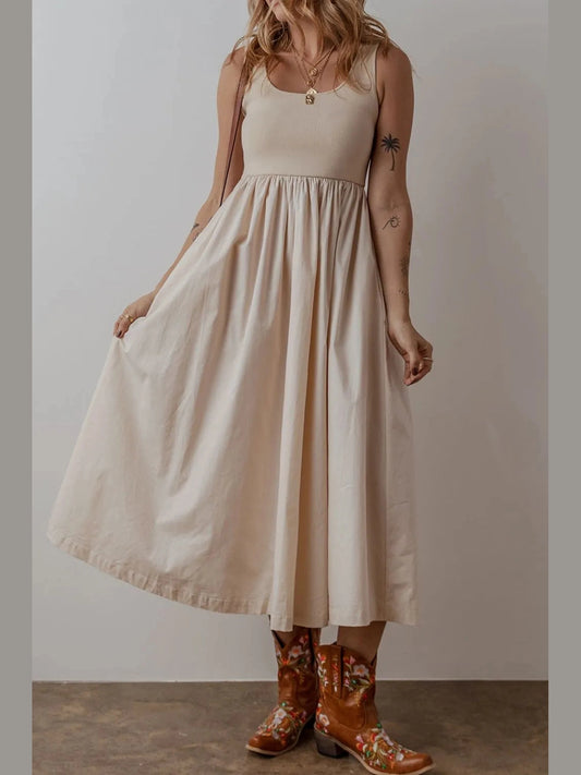 Scoop Neck Ribbed Bodice Sleeveless Midi Tank Dress NicholesGifts