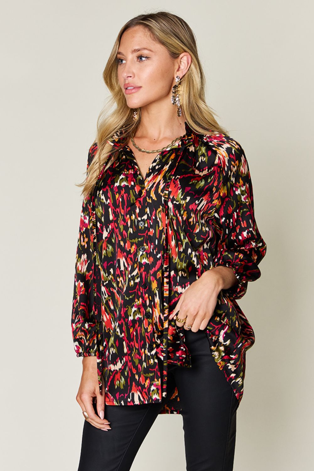Women Double Take Full Size Printed Button Up Long Sleeve Shirt NicholesGifts