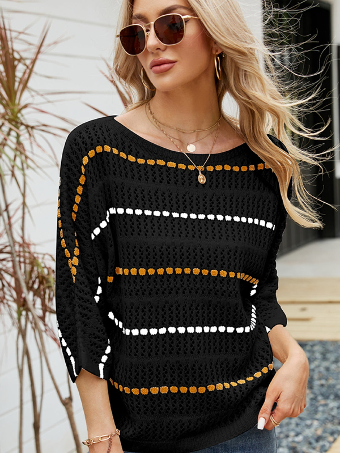 NicholesGifts Women Eyelet Striped Round Neck Knit Top NicholesGifts