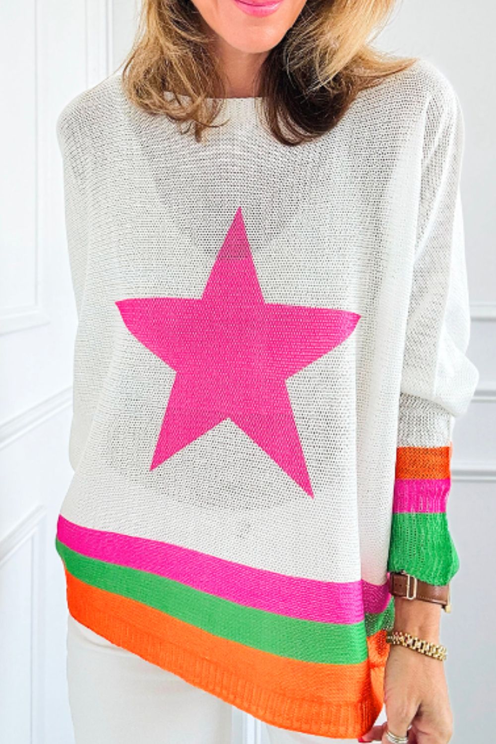 Star Contrast Round Neck Long Sleeve Knit Top NicholesGifts