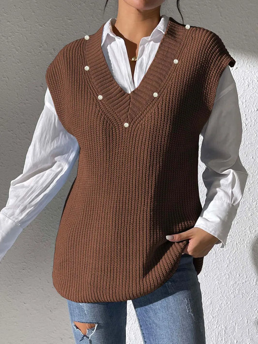 Pearl Trim V-Neck Sweater Vest nicholesgifts