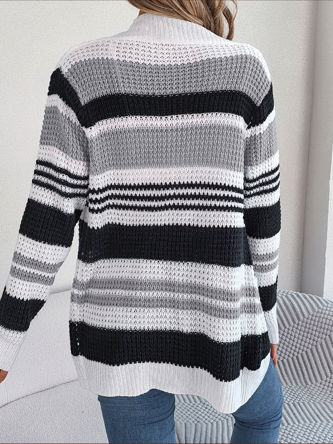 Women Striped Open Front Long Sleeve Cardigan NicholesGifts