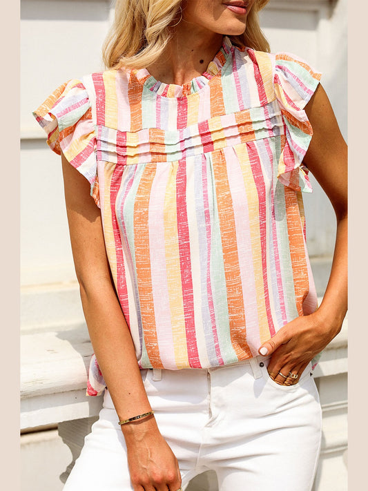 Ruffled Striped Round Neck Cap Sleeve Blouse
