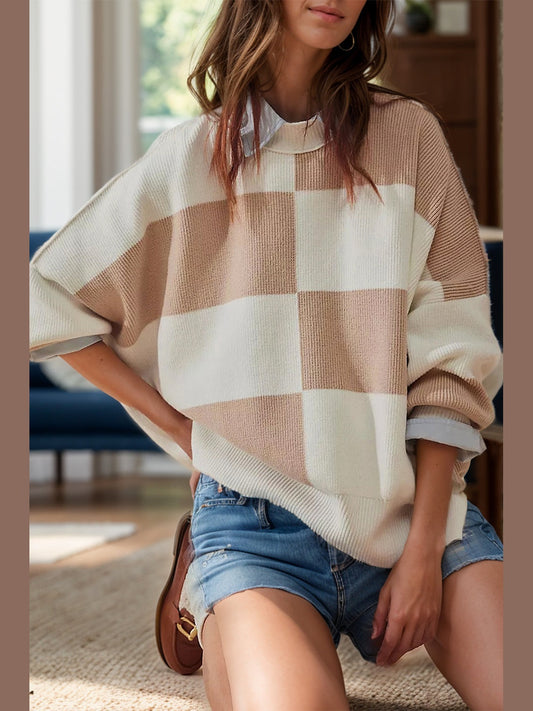 NicholesGifts Women Color Block Round Neck Long Sleeve Sweater NicholesGifts