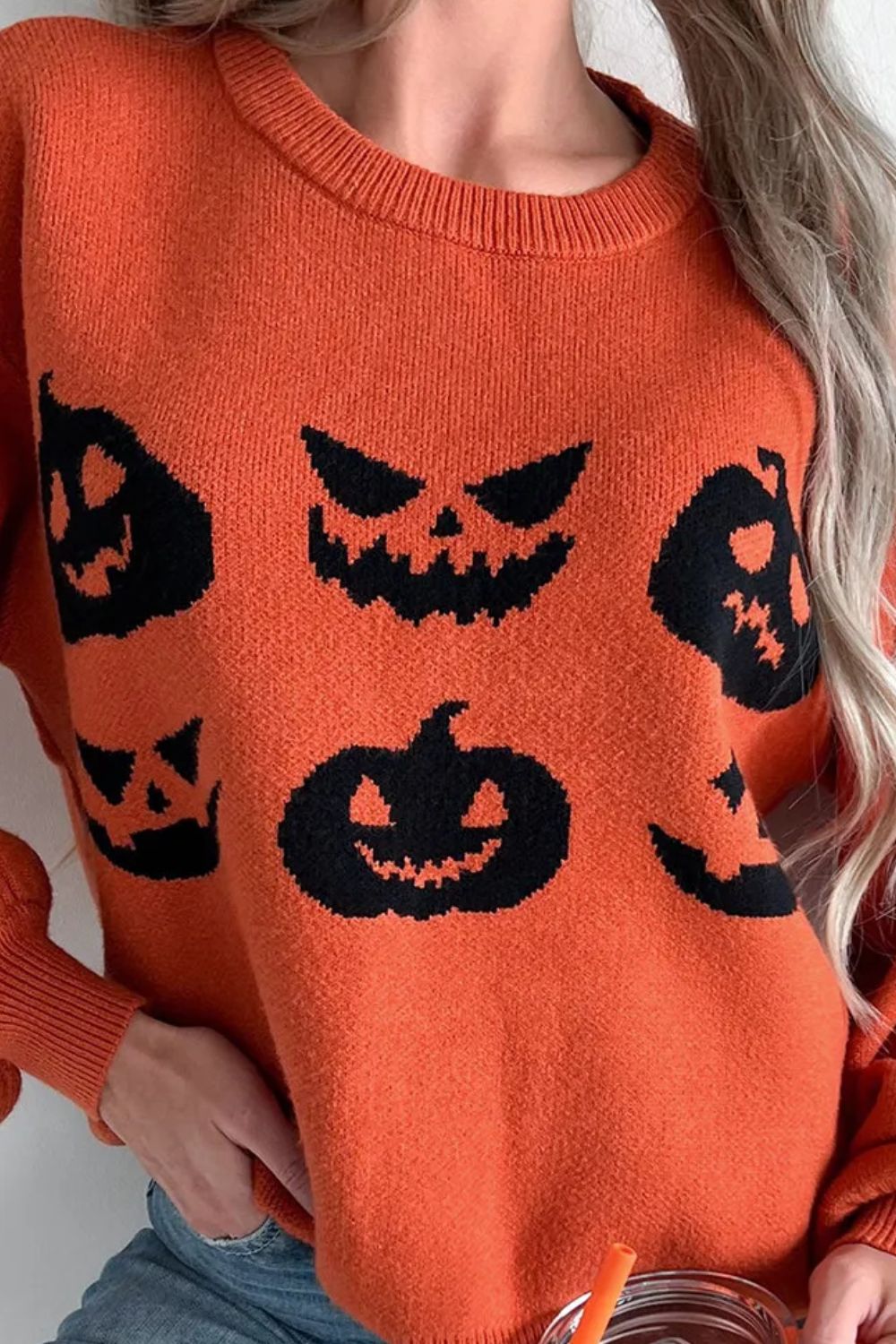 Pumpkin Pattern Round Neck Sweater NicholesGifts