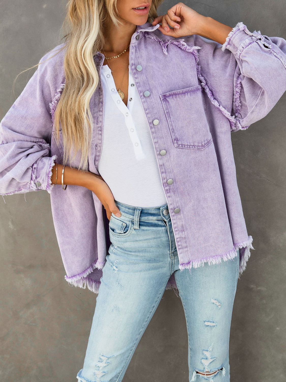 NicholesGifts Women Button Down Raw Hem Denim Jacket NicholesGifts
