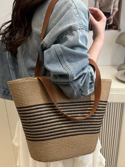 Striped Woven Tote Bag Trendsi