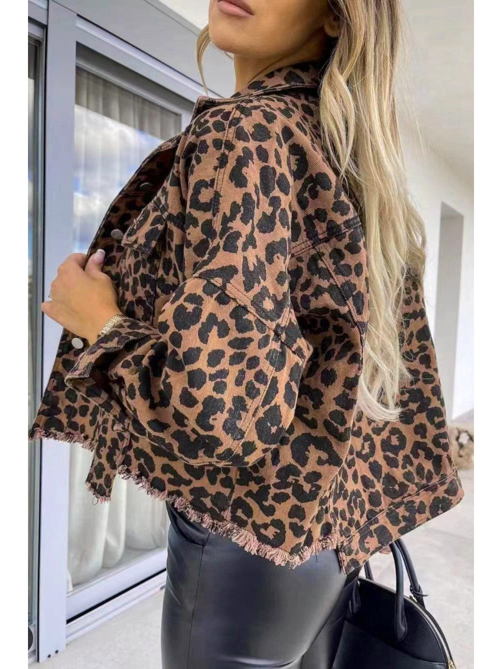 NicholesGifts Women Leopard Raw Hem Denim Jacket NicholesGifts