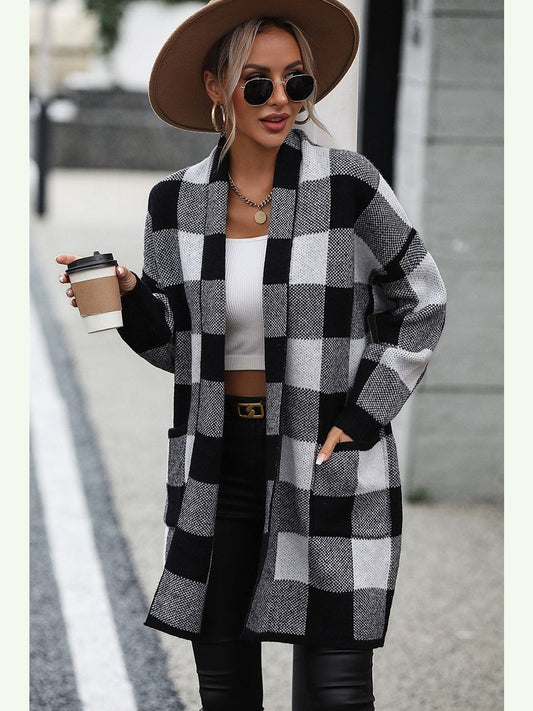 Women Plaid Dropped Shoulder Cardigan with Pocket NicholesGifts