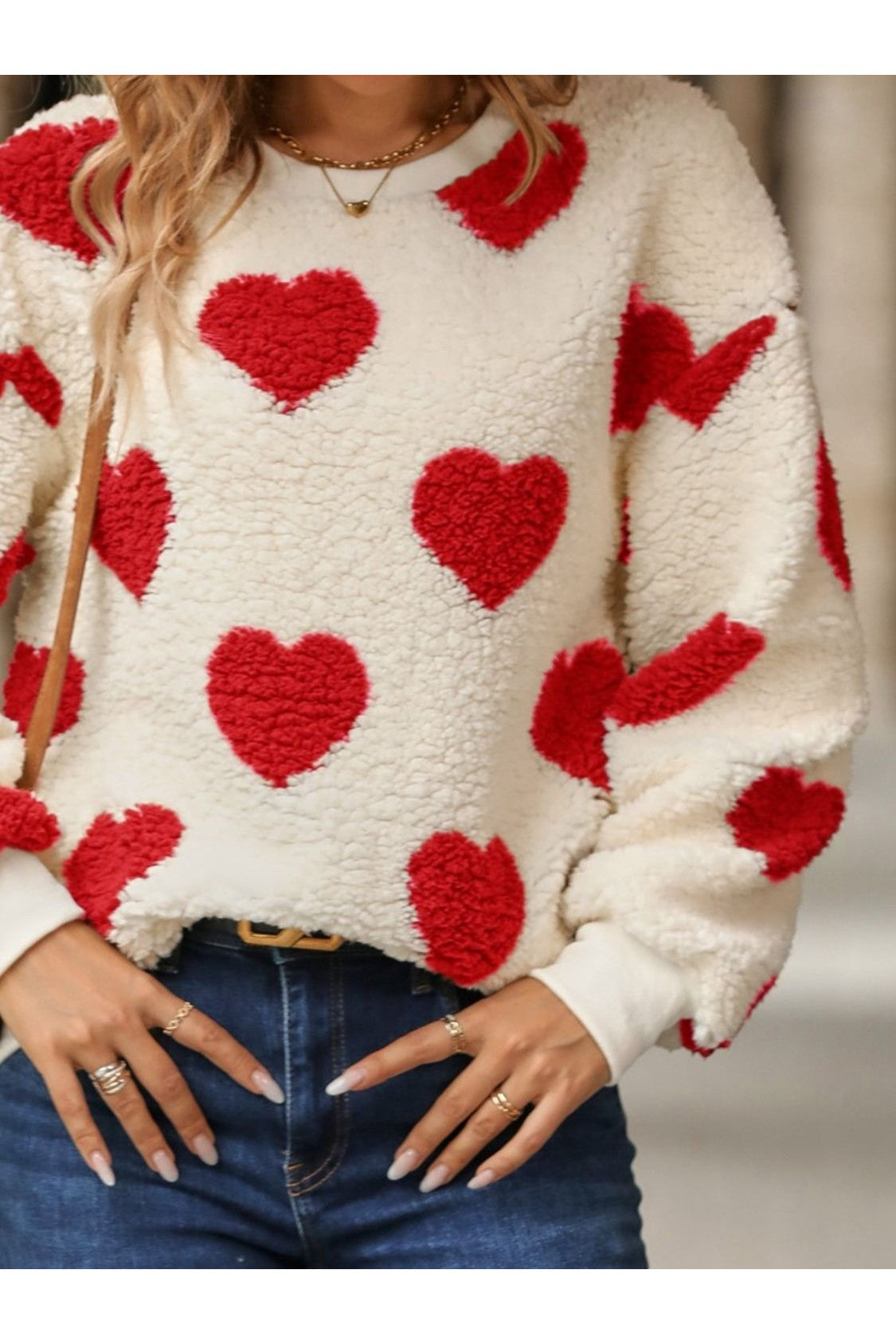 NicholesGifts Women Fuzzy Heart Dropped Shoulder Sweatshirt NicholesGifts