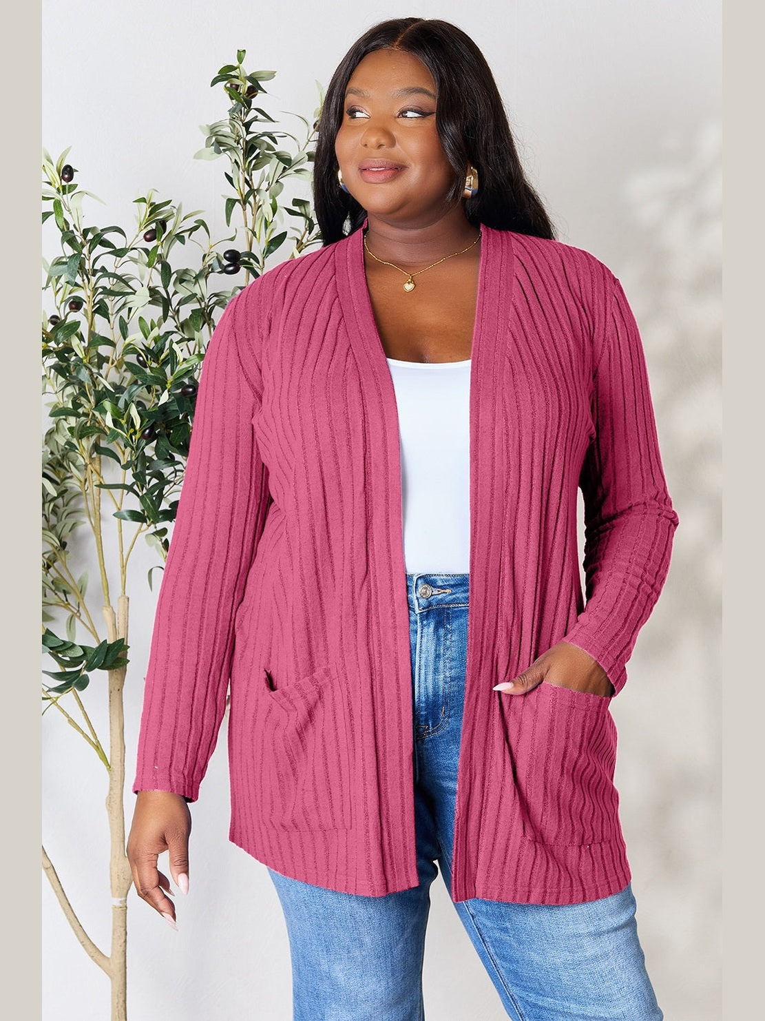 NicholesGifts Women Basic Bae Full Size Ribbed Open Front Cardigan with Pockets NicholesGifts