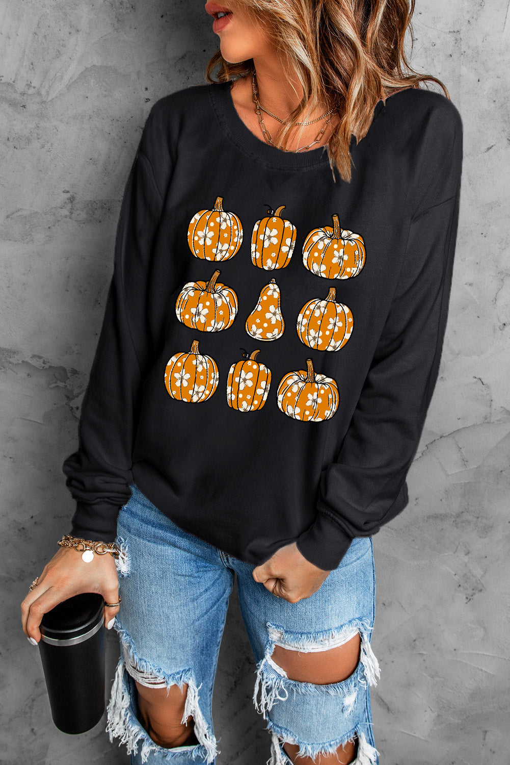 Pumpkin Round Neck Long Sleeve Sweatshirt NicholesGifts