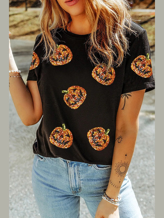 Sequin Pumpkin Round Neck Short Sleeve T-Shirt